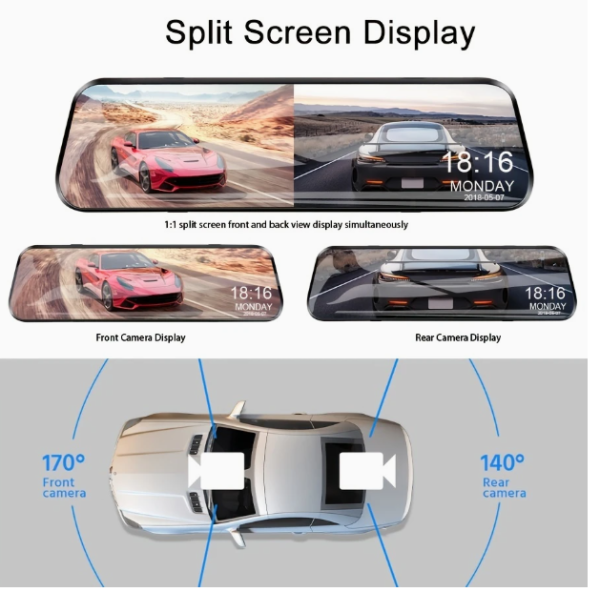 Dual-Lens Mirror Dash Cam - 1080P Front + 720P Rear Recording